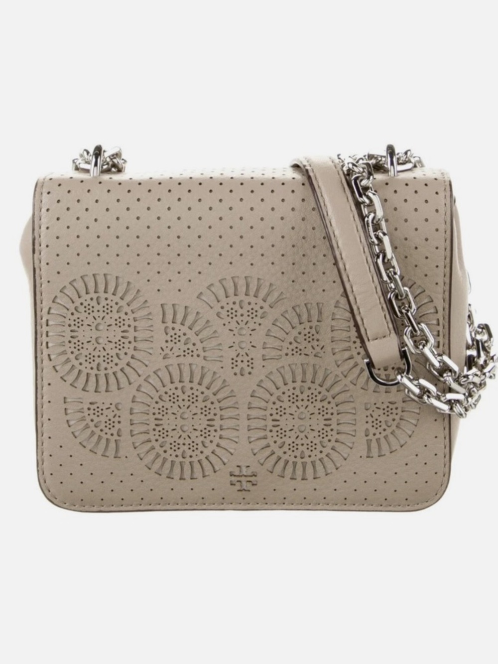 Tory Burch Zoey Mini Laser-Cut Shoulder/Crossbody Bag in French Grey